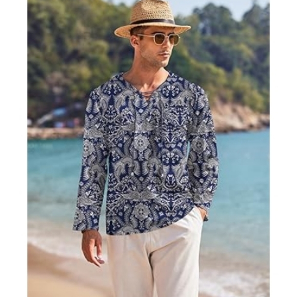 Mens Linen Beach T Shirt Cotton V Neck Yoga Long Sleeve Tunic Blue - Picture 3 of 6